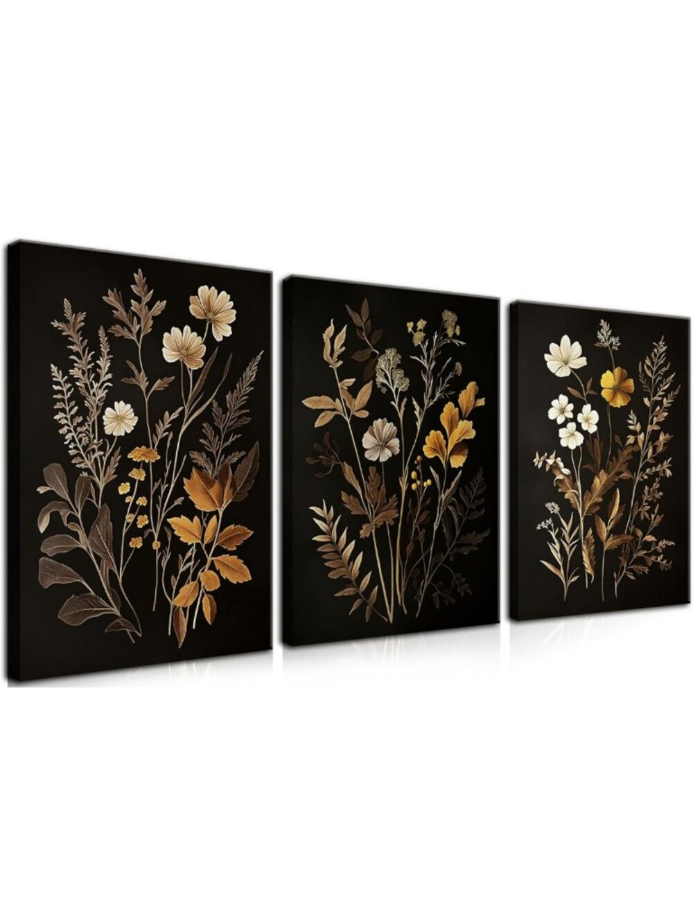 Vintage Black Floral Wall Art Set of 3 - Botanical Canvas Prints for Home Decor